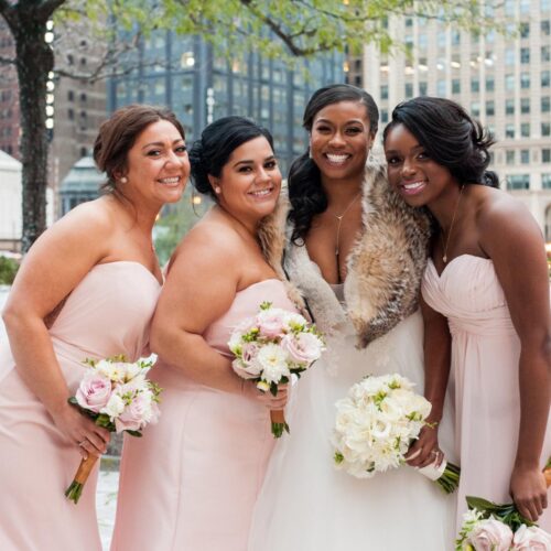 black hair bridal party looks