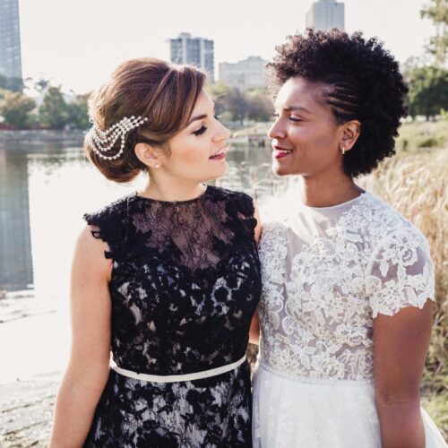 brides portait outside_interracial lesbian wedding portrait